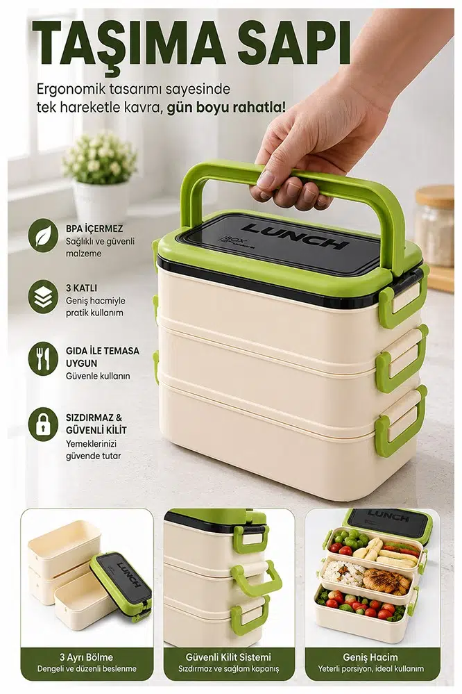 Renkli Beslenme Kutusu 3 Bölmeli 1 Adet 3 Bölmeli Beslenme Kabı Yemek Saklama Kabı Taşınabilir Lunch Box Okul - Yeşil