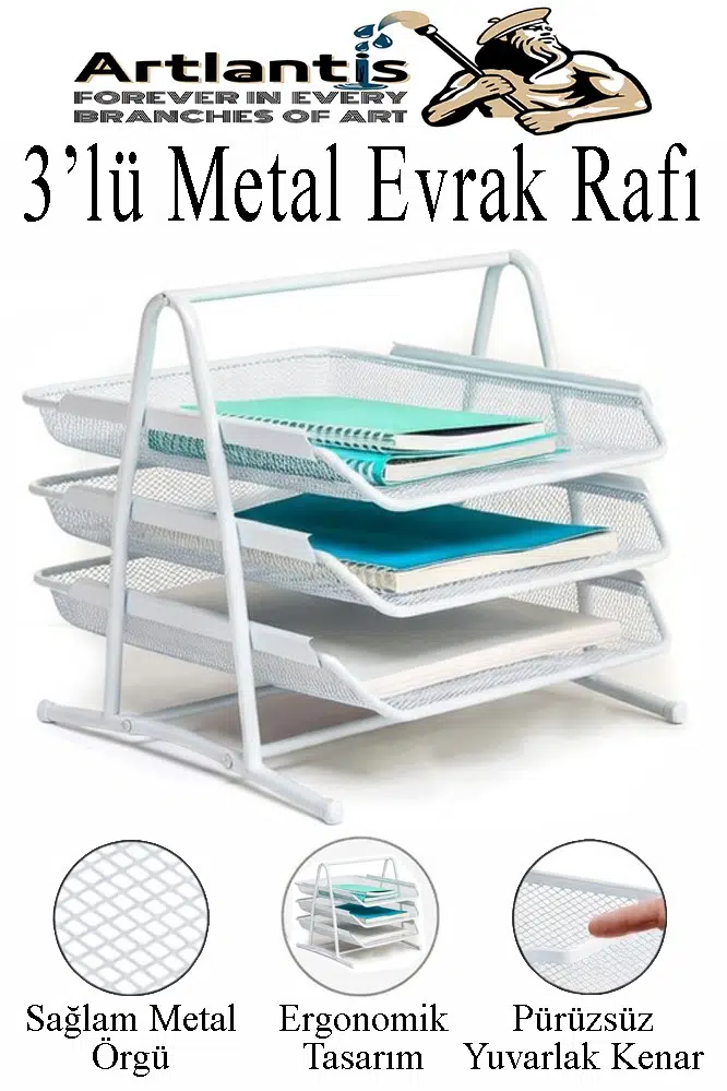 Renkli Metal Evrak Rafı 3 lü 1 Paket Masa Üstü A4 Dosya Düzenleyici Kağıt Tepsisi Metal Fileli Üç Katlı Hareketli Perfore - Beyaz