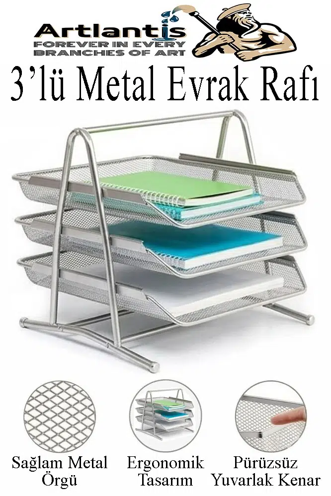 Renkli Metal Evrak Rafı 3 lü 1 Paket Masa Üstü A4 Dosya Düzenleyici Kağıt Tepsisi Metal Fileli Üç Katlı Hareketli Perfore - Gümüş Gri
