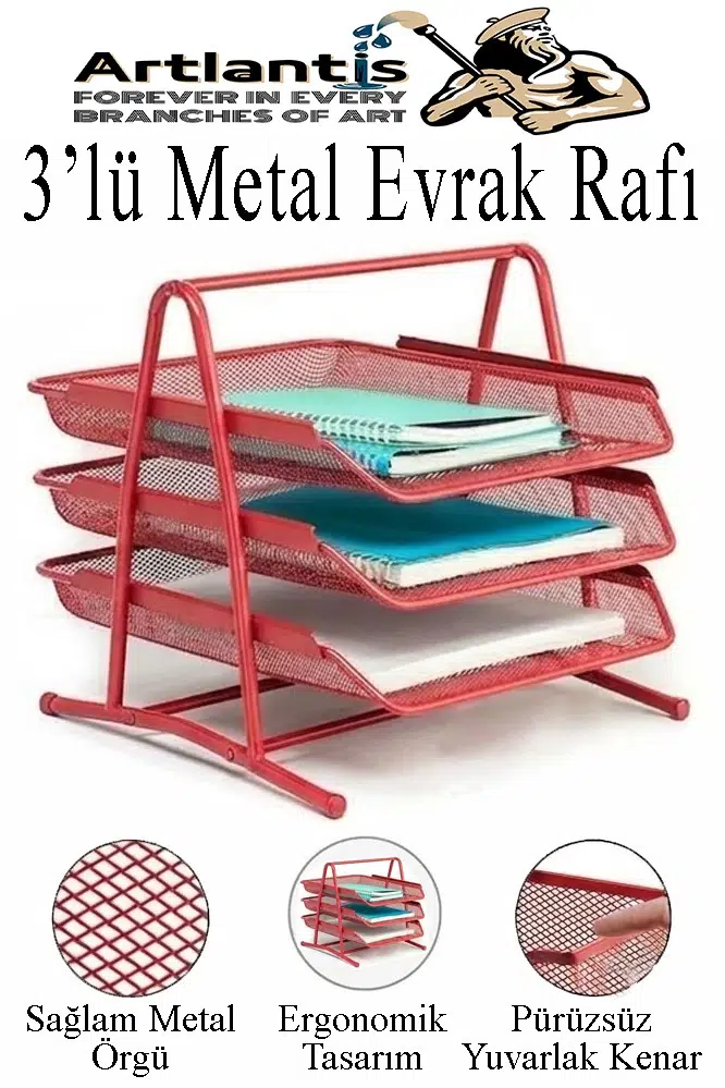 Renkli Metal Evrak Rafı 3 lü 1 Paket Masa Üstü A4 Dosya Düzenleyici Kağıt Tepsisi Metal Fileli Üç Katlı Hareketli Perfore - Kırmızı