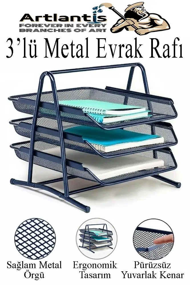 Renkli Metal Evrak Rafı 3 lü 1 Paket Masa Üstü A4 Dosya Düzenleyici Kağıt Tepsisi Metal Fileli Üç Katlı Hareketli Perfore - Lacivert