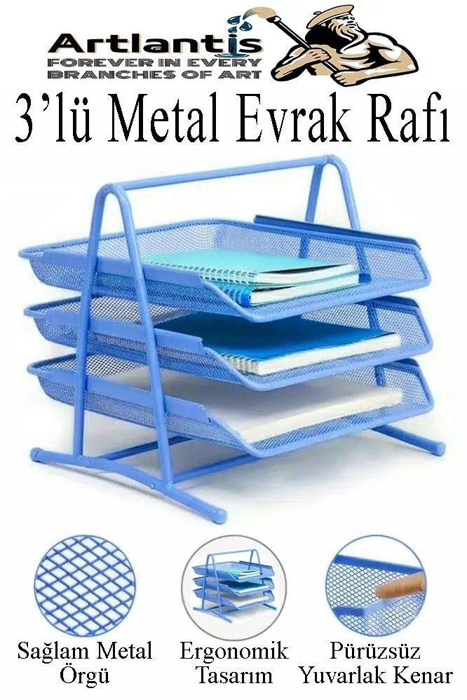 Renkli Metal Evrak Rafı 3 lü 1 Paket Masa Üstü A4 Dosya Düzenleyici Kağıt Tepsisi Metal Fileli Üç Katlı Hareketli Perfore - Mavi