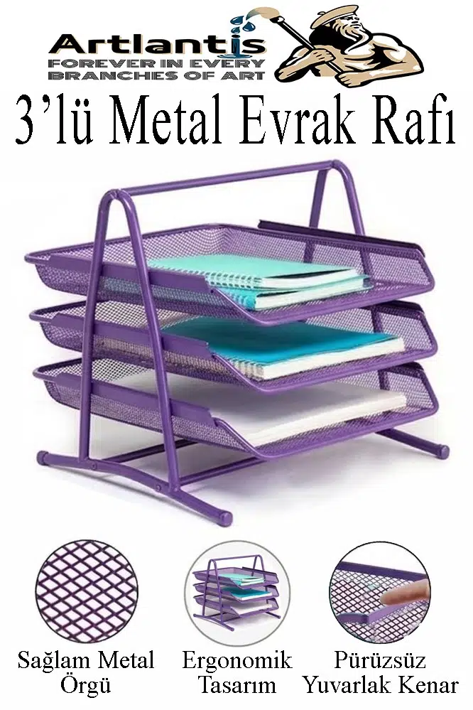 Renkli Metal Evrak Rafı 3 lü 1 Paket Masa Üstü A4 Dosya Düzenleyici Kağıt Tepsisi Metal Fileli Üç Katlı Hareketli Perfore - Mor