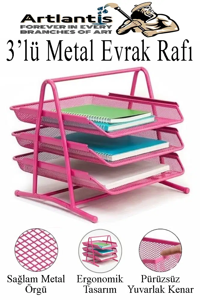 Renkli Metal Evrak Rafı 3 lü 1 Paket Masa Üstü A4 Dosya Düzenleyici Kağıt Tepsisi Metal Fileli Üç Katlı Hareketli Perfore - Pembe
