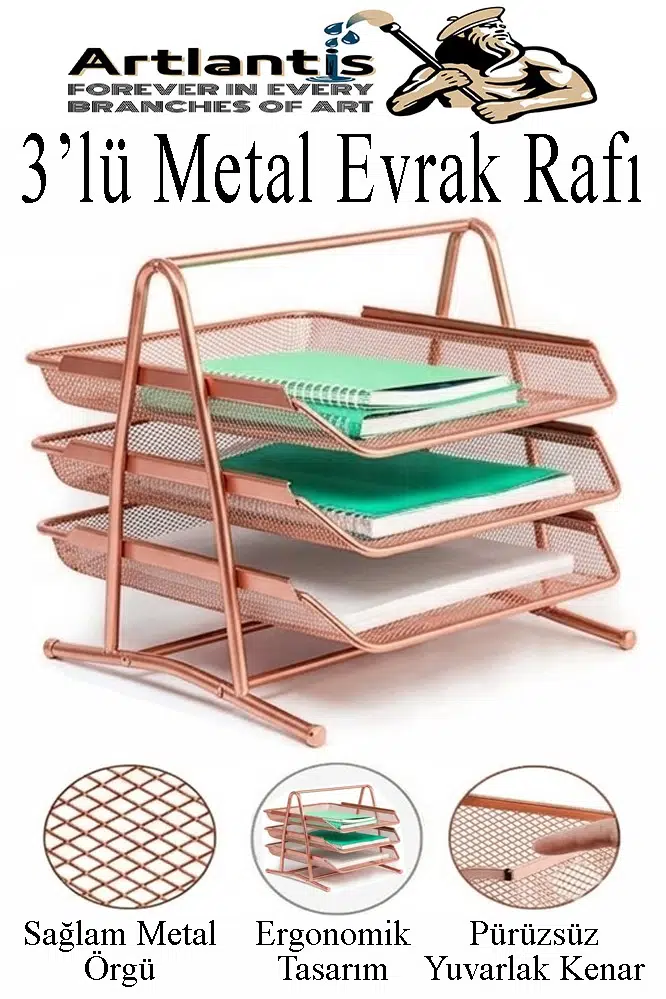 Renkli Metal Evrak Rafı 3 lü 1 Paket Masa Üstü A4 Dosya Düzenleyici Kağıt Tepsisi Metal Fileli Üç Katlı Hareketli Perfore - Bakır Yaldız