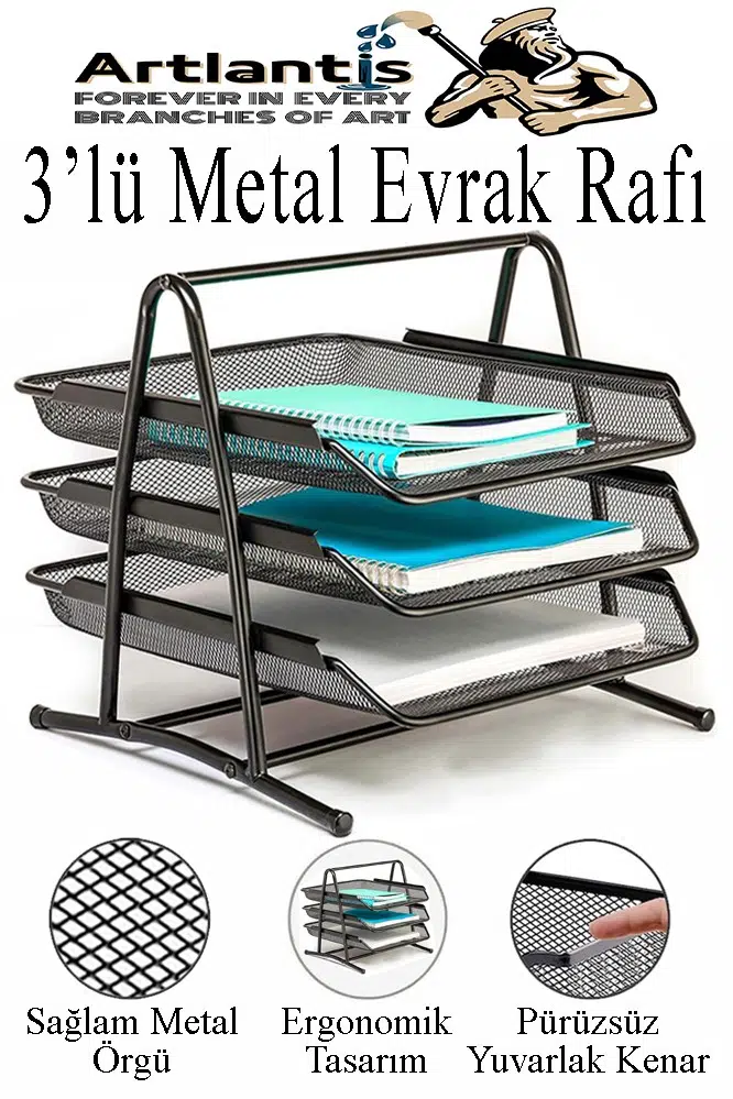 Renkli Metal Evrak Rafı 3 lü 1 Paket Masa Üstü A4 Dosya Düzenleyici Kağıt Tepsisi Metal Fileli Üç Katlı Hareketli Perfore - Siyah