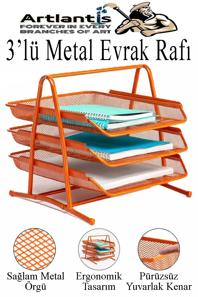 Renkli Metal Evrak Rafı 3 lü 1 Paket Masa Üstü A4 Dosya Düzenleyici Kağıt Tepsisi Metal Fileli Üç Katlı Hareketli Perfore - Turuncu