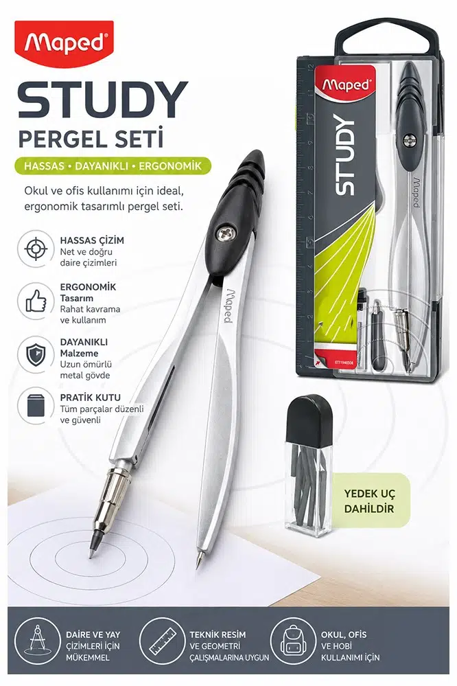 Renkli Metal Pergel 1 Adet Maped 119450 Pergel Seti Teknik Çizim Matematik Geometri Pergel Yedek Uçlu - Siyah