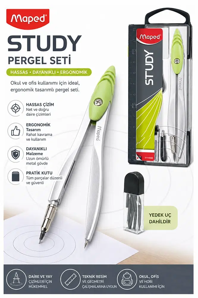 Renkli Metal Pergel 1 Adet Maped 119450 Pergel Seti Teknik Çizim Matematik Geometri Pergel Yedek Uçlu - Yeşil