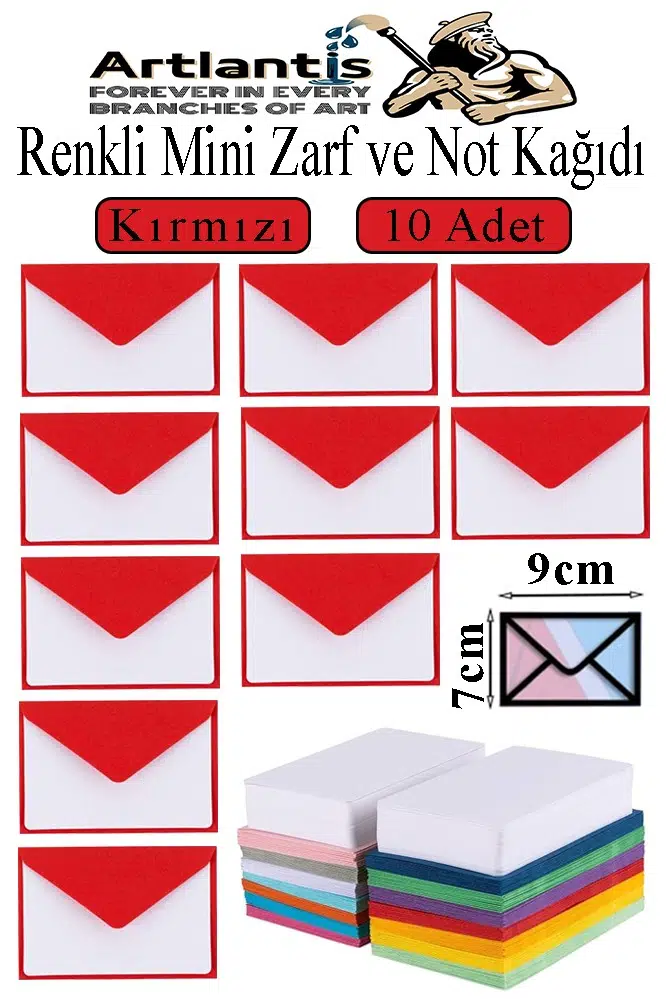 Renkli Mini Zarf 7x9 cm Not Kağıtlı 10 Adet Küçük Renkli Zarf Mektup Oyun Zarfı Doğum Günü Dilekleri Zarfı Canlı Renkler - Kırmızı