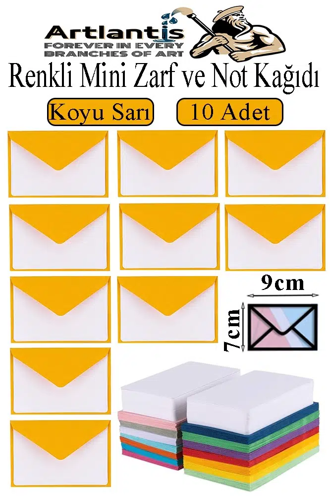 Renkli Mini Zarf 7x9 cm Not Kağıtlı 10 Adet Küçük Renkli Zarf Mektup Oyun Zarfı Doğum Günü Dilekleri Zarfı Canlı Renkler - Koyu Sarı