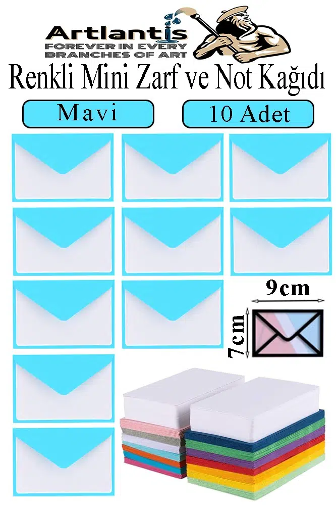 Renkli Mini Zarf 7x9 cm Not Kağıtlı 10 Adet Küçük Renkli Zarf Mektup Oyun Zarfı Doğum Günü Dilekleri Zarfı Canlı Renkler - Mavi