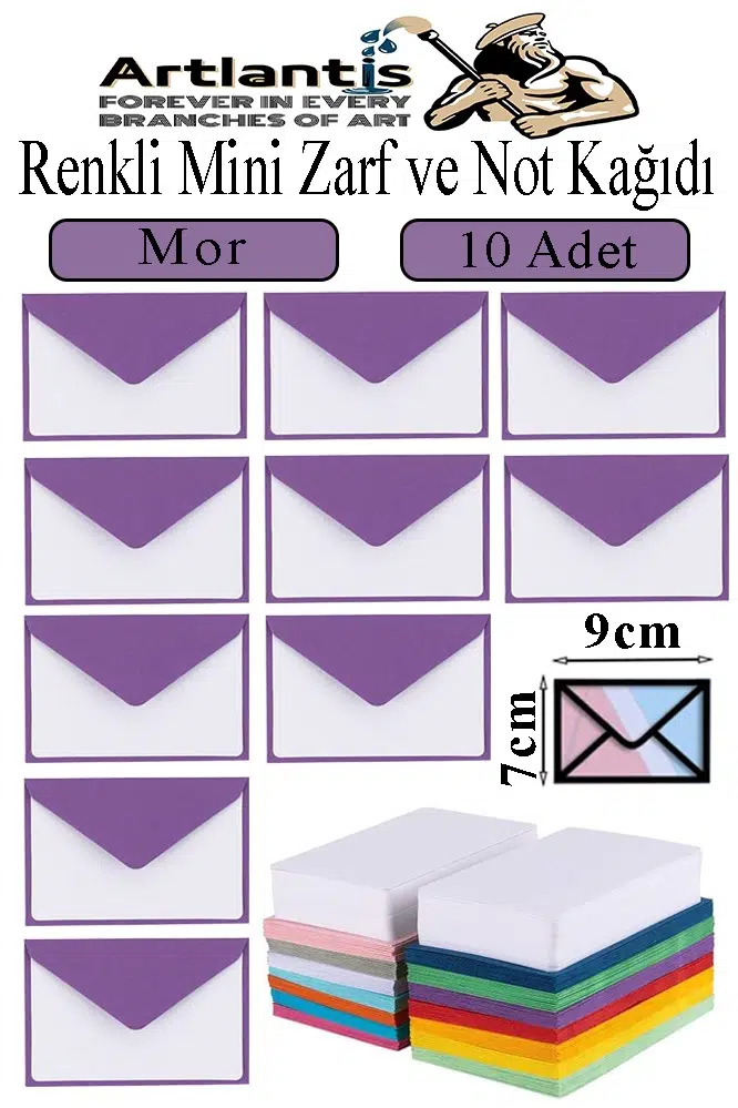 Renkli Mini Zarf 7x9 cm Not Kağıtlı 10 Adet Küçük Renkli Zarf Mektup Oyun Zarfı Doğum Günü Dilekleri Zarfı Canlı Renkler - Mor