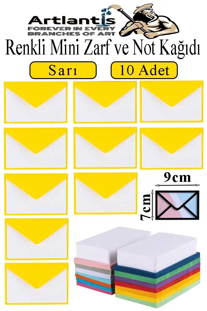 Renkli Mini Zarf 7x9 cm Not Kağıtlı 10 Adet Küçük Renkli Zarf Mektup Oyun Zarfı Doğum Günü Dilekleri Zarfı Canlı Renkler - Sarı
