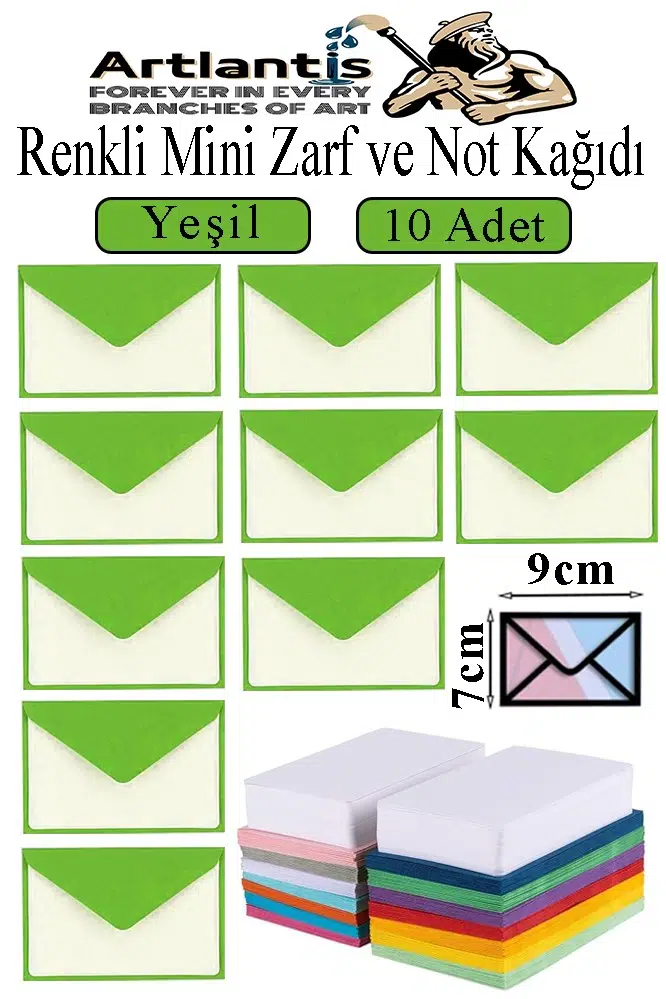 Renkli Mini Zarf 7x9 cm Not Kağıtlı 10 Adet Küçük Renkli Zarf Mektup Oyun Zarfı Doğum Günü Dilekleri Zarfı Canlı Renkler - Yeşil