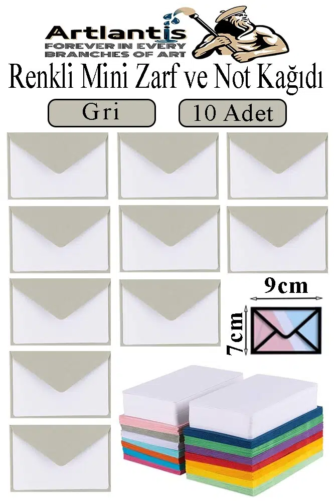 Renkli Mini Zarf 7x9 cm Not Kağıtlı 10 Adet Küçük Renkli Zarf Mektup Oyun Zarfı Doğum Günü Dilekleri Zarfı Canlı Renkler - Gri