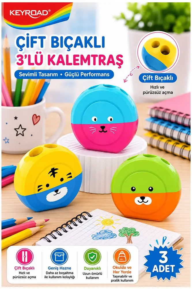 Renkli Sevimli Kalemtraş Keyroad KR-971839 3 Adet Hazneli Çift Bıçaklı Kalem Açacağı Plastik Kalemtıraş Kalem Traş Okul