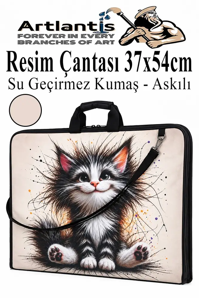 Resim Çantası Desenli Kumaş 37x54 cm 1 Adet Kız ve Erkek Teknik Resim Dosya Proje Çantası 35x50 cm Askılı Fermuarlı - Krem