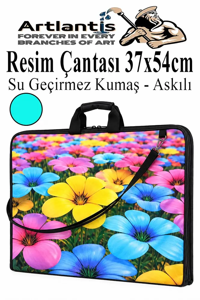 Resim Çantası Desenli Kumaş 37x54 cm 1 Adet Kız ve Erkek Teknik Resim Dosya Proje Çantası 35x50 cm Askılı Fermuarlı - Turkuaz