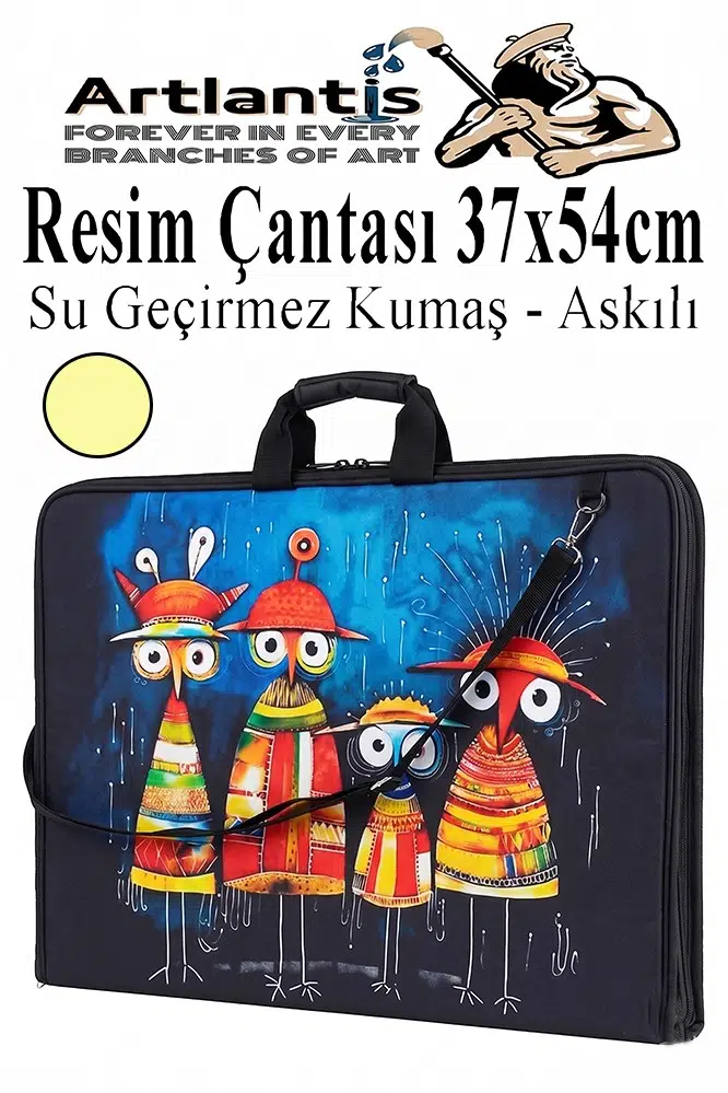 Resim Çantası Desenli Kumaş 37x54 cm 1 Adet Teknik Resim Dosya Çantası 35x50 cm Askılı Proje Çantası Fermuarlı Okul Sınıf - Açık Sarı