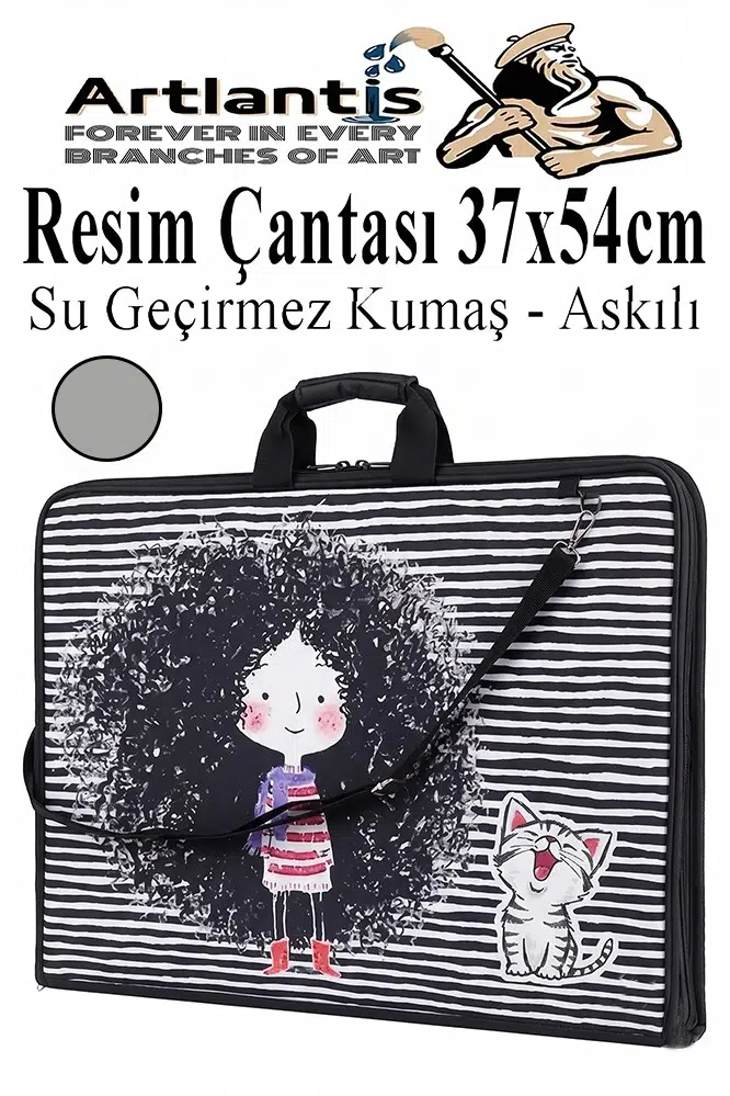 Resim Çantası Desenli Kumaş 37x54 cm 1 Adet Teknik Resim Dosya Çantası 35x50 cm Askılı Proje Çantası Fermuarlı Okul Sınıf - Gri