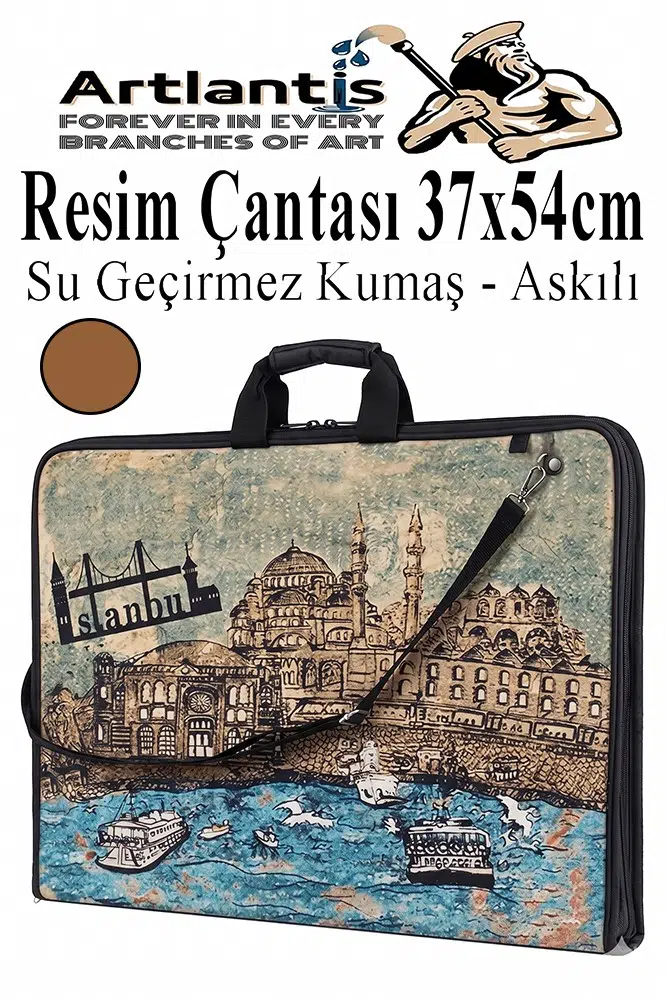 Resim Çantası Desenli Kumaş 37x54 cm 1 Adet Teknik Resim Dosya Çantası 35x50 cm Askılı Proje Çantası Fermuarlı Okul Sınıf - Kahverengi
