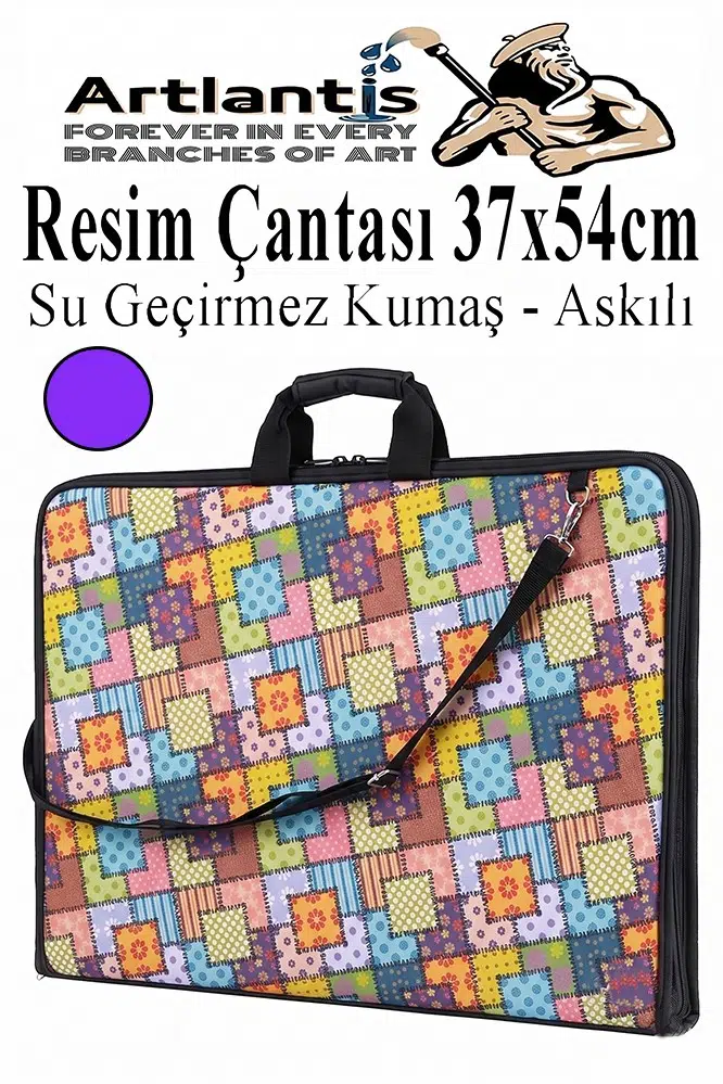 Resim Çantası Desenli Kumaş 37x54 cm 1 Adet Teknik Resim Dosya Çantası 35x50 cm Askılı Proje Çantası Fermuarlı Okul Sınıf - Mor