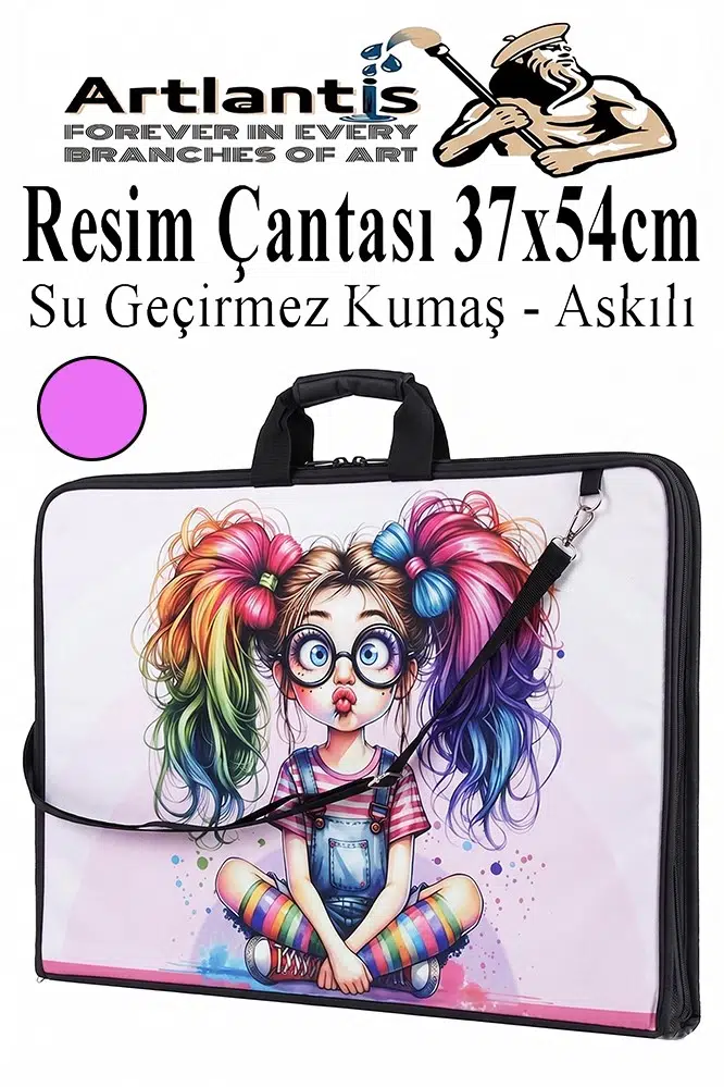 Resim Çantası Desenli Kumaş 37x54 cm 1 Adet Teknik Resim Dosya Çantası 35x50 cm Askılı Proje Çantası Fermuarlı Okul Sınıf - Pembe
