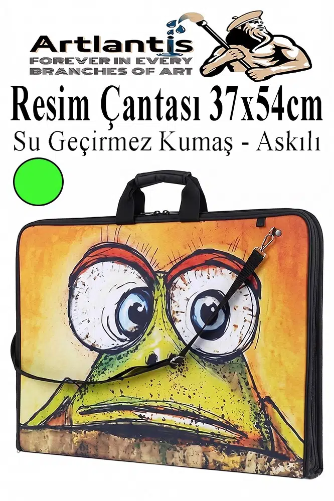 Resim Çantası Desenli Kumaş 37x54 cm 1 Adet Teknik Resim Dosya Çantası 35x50 cm Askılı Proje Çantası Fermuarlı Okul Sınıf - Yeşil
