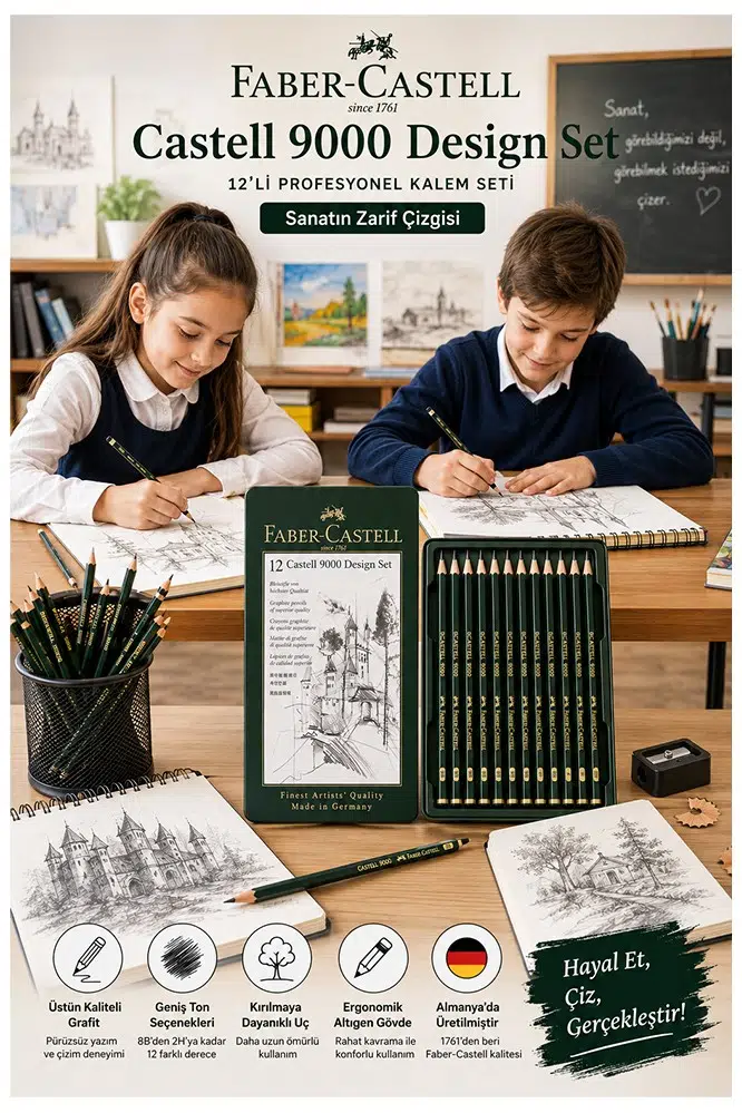 Resim Kalemi Teneke Kutu Faber Castell Dereceli Kalem Seti Karakalem 12 li Set 5B 4B 3B 2B B HB F H 2H 3H 4H 5H
