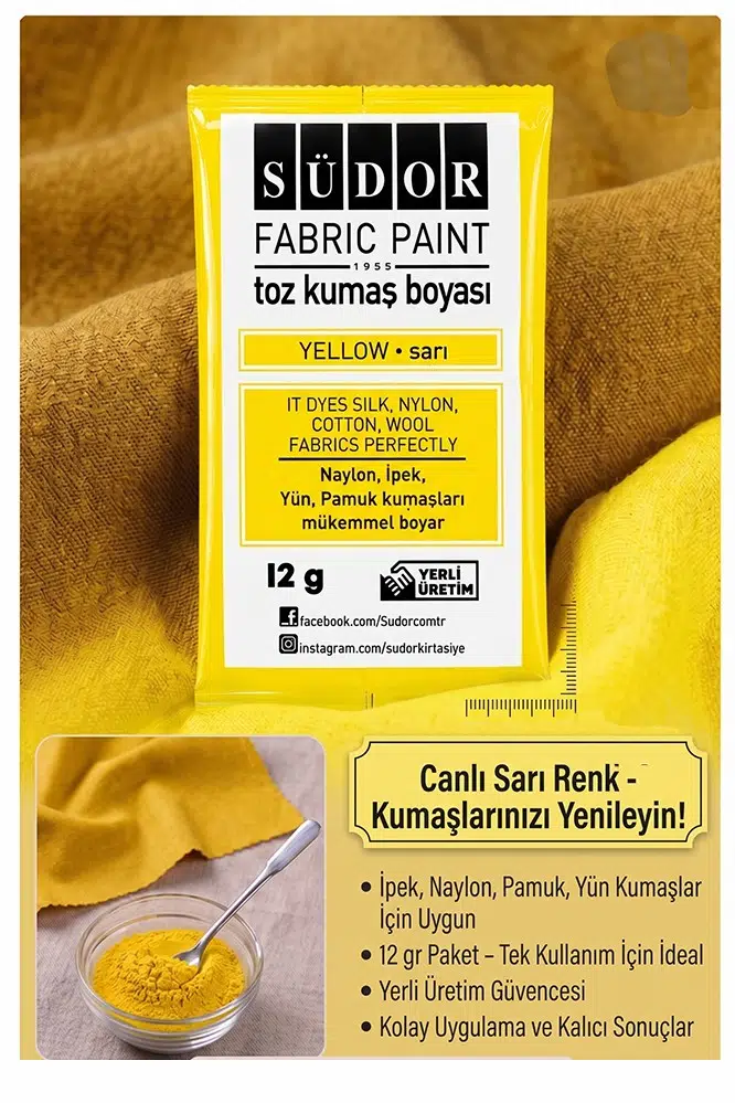 Sarı Kumaş Boyası Toz 12 gr 1 Adet Südor Toz Kumaş Boyası Kot Pantalon Gömlek Tişört Tekstil Kumaş Boyası 1 Adet