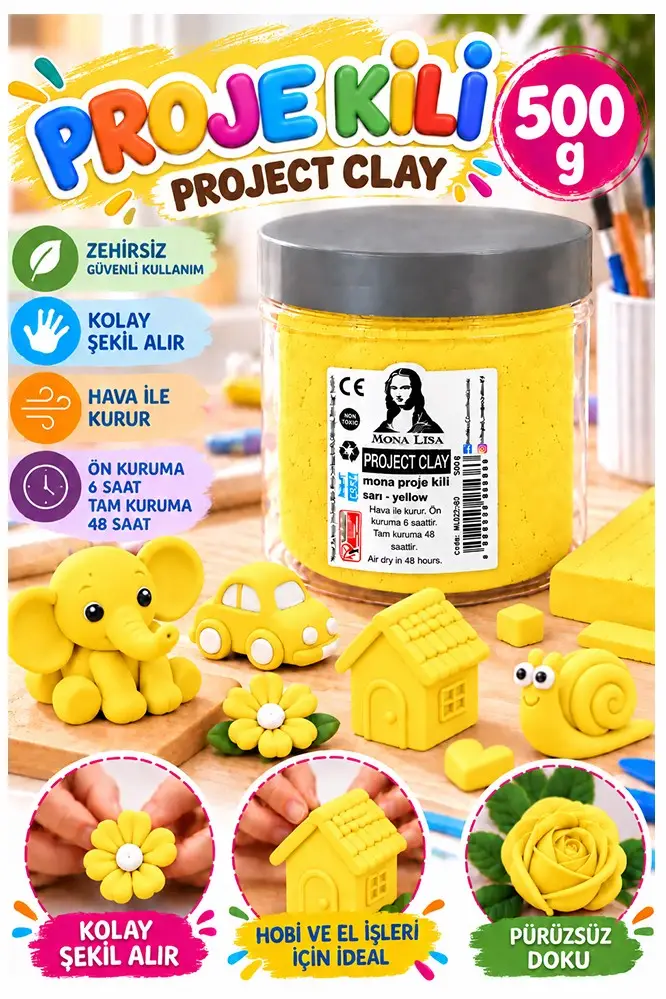 Sarı Proje Kili 500gr 1 Adet Monalisa Renkli Proje Hamuru Hobi Heykel Seramik Modelleme Hava İle Kuruyan