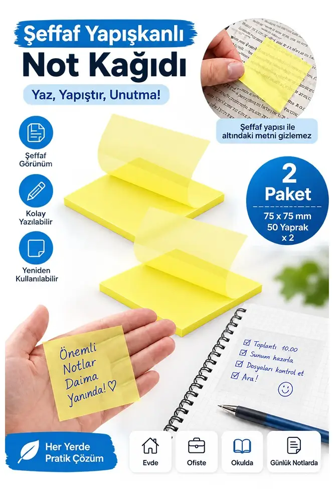 Sarı Yapışkanlı Şeffaf Not Kağıdı 50 Yaprak 2 Paket Kare Transparan Postit 75x75 mm Yarı Saydam İşaretleyici Aydınger