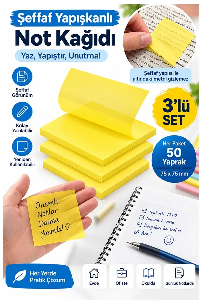 Sarı Yapışkanlı Şeffaf Not Kağıdı 50 Yaprak 3 Paket Kare Transparan Postit 75x75 mm Yarı Saydam İşaretleyici Aydınger
