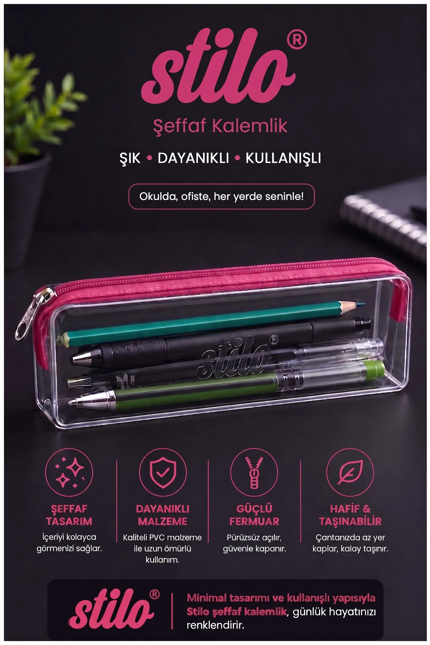 Şeffaf Kalemlik 1 Adet Stilo 1129 Tek Bölmeli Fermuarlı Plastik Çocuk Okul Kalem Makyaj Kutusu Neon Renk - Pembe
