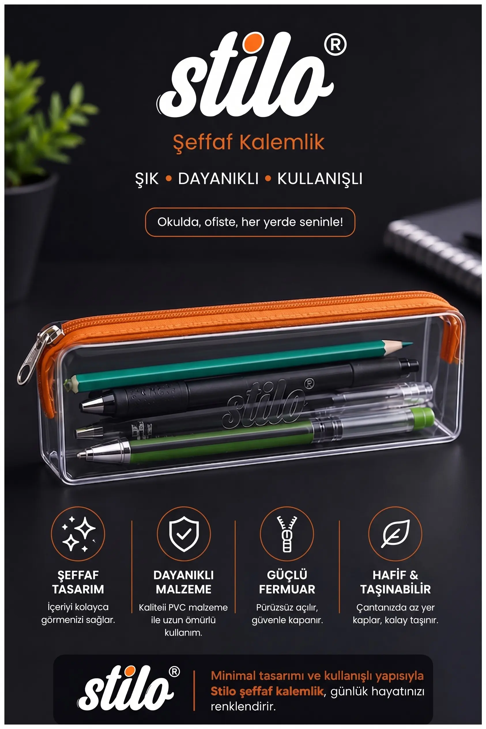 Şeffaf Kalemlik 1 Adet Stilo 1129 Tek Bölmeli Fermuarlı Plastik Çocuk Okul Kalem Makyaj Kutusu Neon Renk - Turuncu