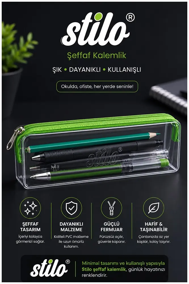 Şeffaf Kalemlik 1 Adet Stilo 1129 Tek Bölmeli Fermuarlı Plastik Çocuk Okul Kalem Makyaj Kutusu Neon Renk - Yeşil