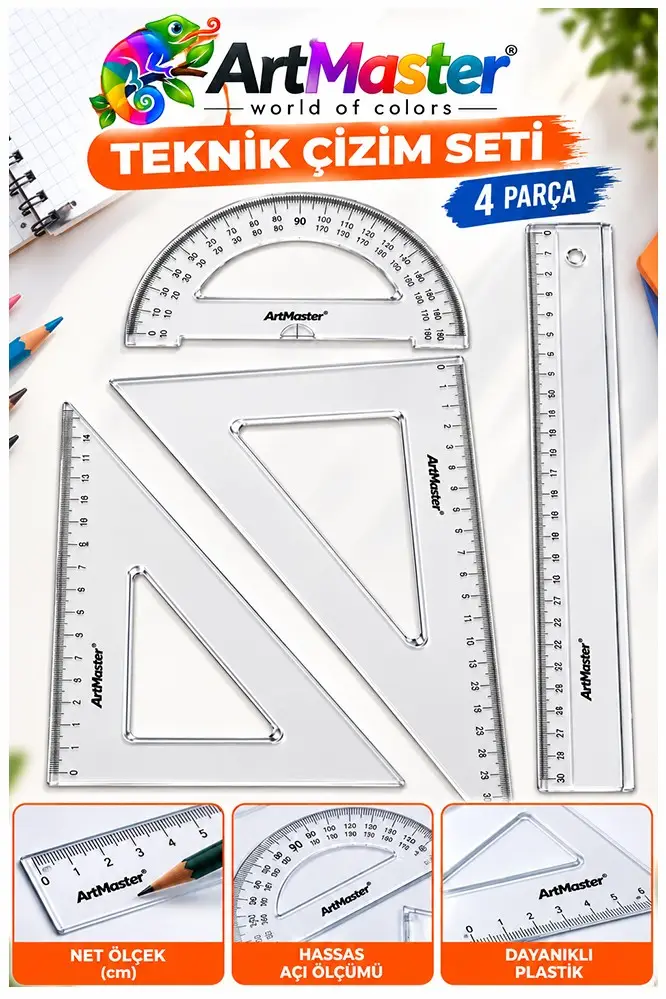 Şeffaf Plastik Gönye 30 45 60 90 Cetvel 30 Cm Açı Ölçer İletki 1 Adet Kod100 Teknik Çizim Seti Geometri Matematik