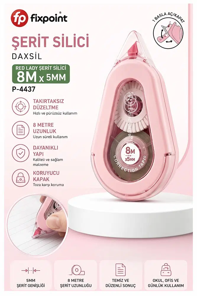 Şerit Daksil Beyaz 5mmx8 Metre 1 Adet P-4437 Fixpoint Şerit Düzeltici Şerit Silici Yazı Silici Büro Ofis Okul - Pembe