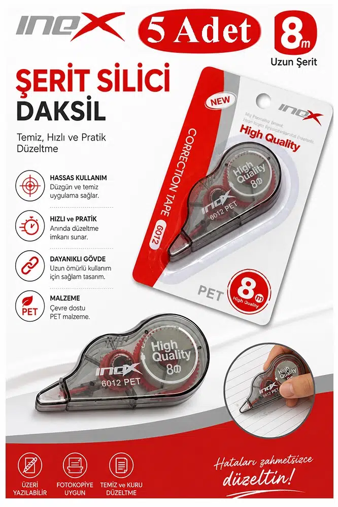 Şerit Daksil Beyaz 5mmx8 Metre 5 Adet İnox Şerit Düzeltici Şerit Silici Yazı Silici Büro Ofis Okul