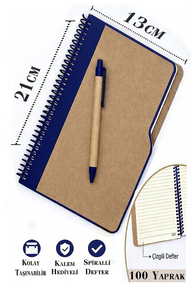 Sert Kapak Çizgili Defter 100 Yaprak 1 Adet Kalem Hediyeli Lastikli Defter Spiralli Günlük Defteri - Lacivert