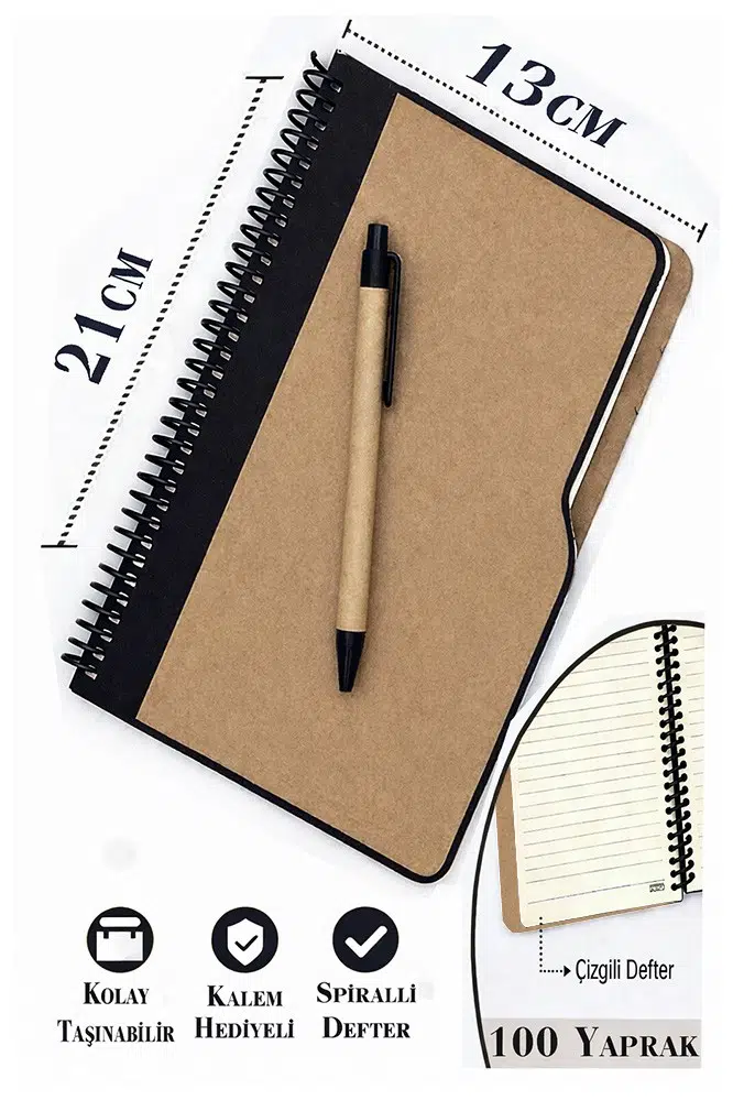 Sert Kapak Çizgili Defter 100 Yaprak 1 Adet Kalem Hediyeli Lastikli Defter Spiralli Günlük Defteri - Siyah