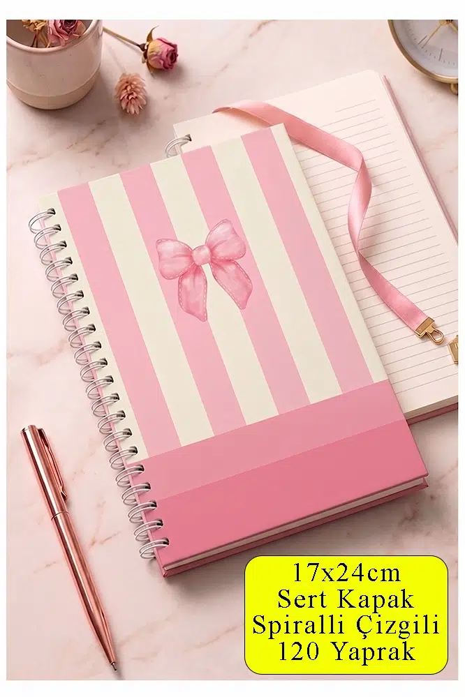 Pembe Sert Kapak Spiralli Çizgili Defter 17x24cm 120 Yaprak 1 Adet Not Defteri Okul Büro Ofis Defteri - Sarı