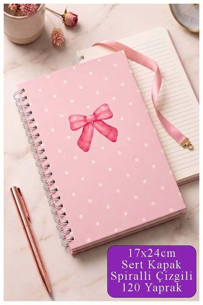 Pembe Sert Kapak Spiralli Çizgili Defter 17x24cm 120 Yaprak 1 Adet Not Defteri Okul Büro Ofis Defteri - Mor