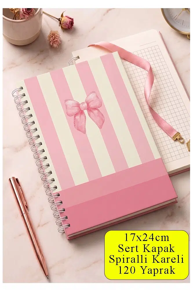 Pembe Sert Kapak Spiralli Kareli Defter 17x24cm 120 Yaprak 1 Adet Not Defteri Okul Büro Ofis Defteri - Sarı