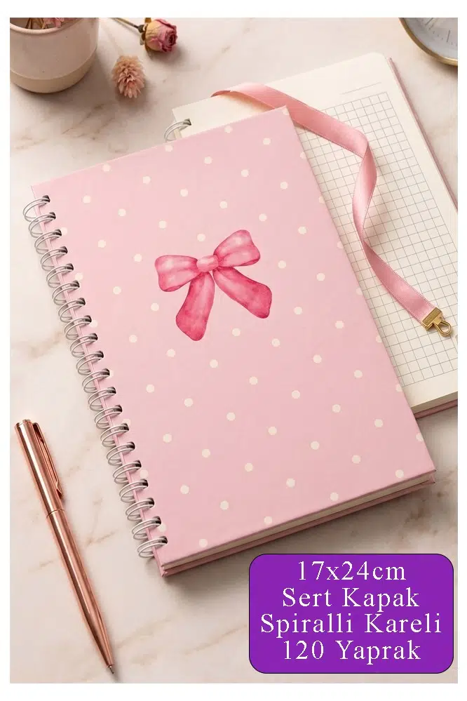 Pembe Sert Kapak Spiralli Kareli Defter 17x24cm 120 Yaprak 1 Adet Not Defteri Okul Büro Ofis Defteri - Mor