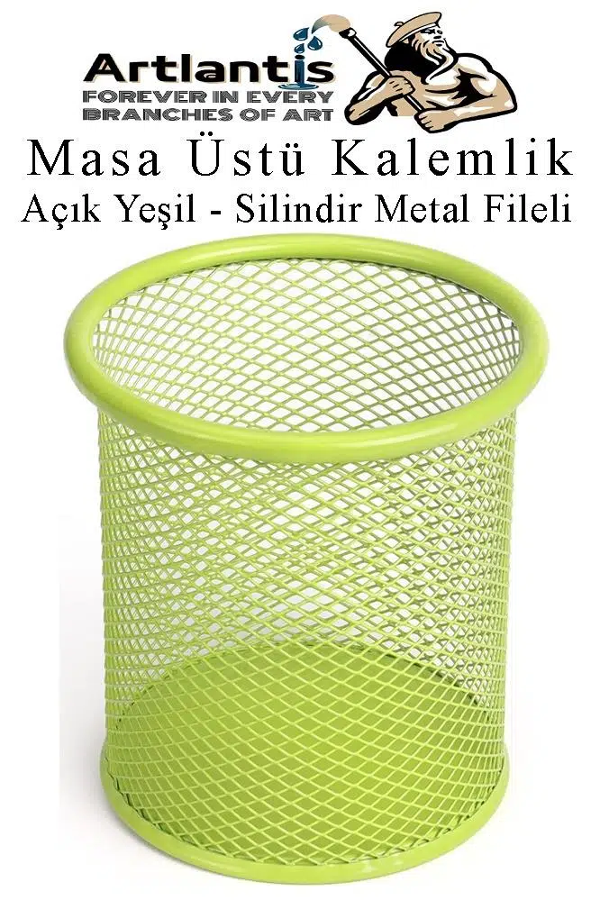 Silindir Masa Üstü Kalemlik 1 Adet Metal Fileli Renkli Perforeli Yuvarlak Kalemlik Ofis Büro Okul - Açık Yeşil
