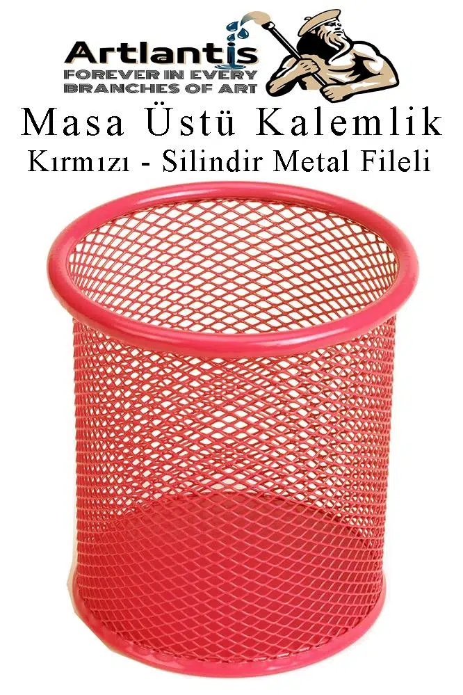 Silindir Masa Üstü Kalemlik 1 Adet Metal Fileli Renkli Perforeli Yuvarlak Kalemlik Ofis Büro Okul - Kırmızı