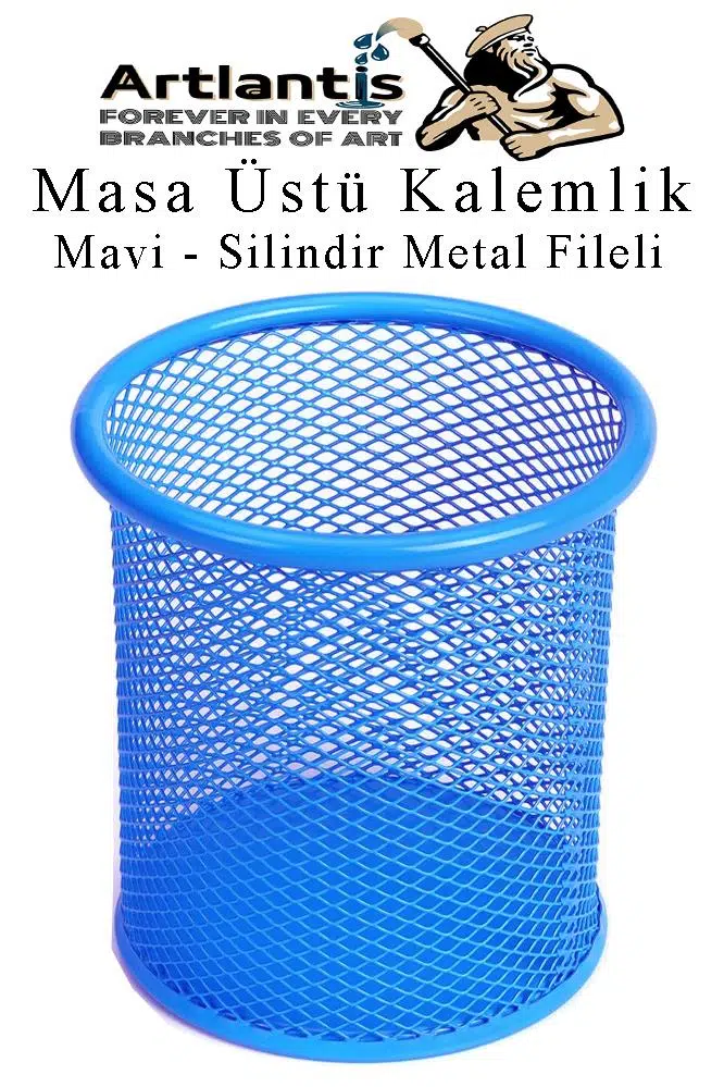 Silindir Masa Üstü Kalemlik 1 Adet Metal Fileli Renkli Perforeli Yuvarlak Kalemlik Ofis Büro Okul - Mavi