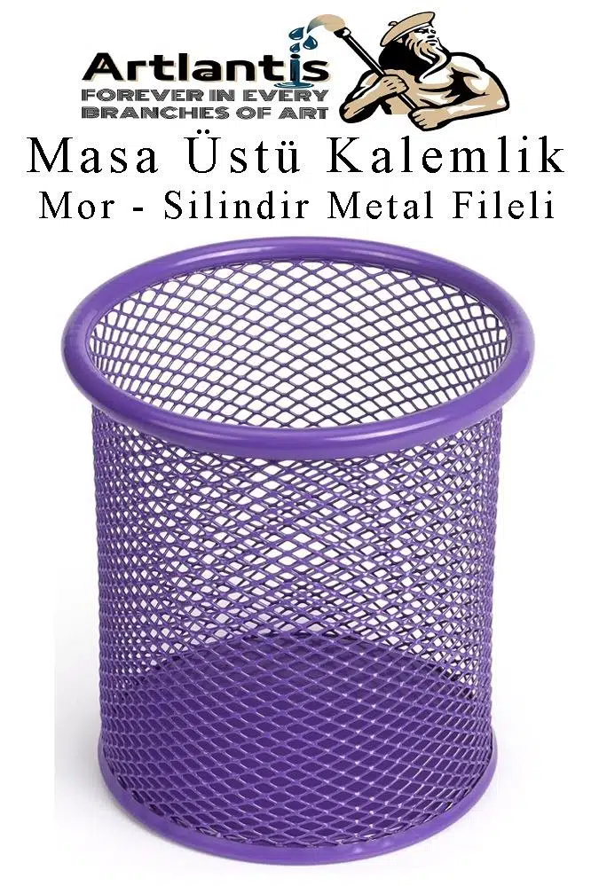 Silindir Masa Üstü Kalemlik 1 Adet Metal Fileli Renkli Perforeli Yuvarlak Kalemlik Ofis Büro Okul - Mor